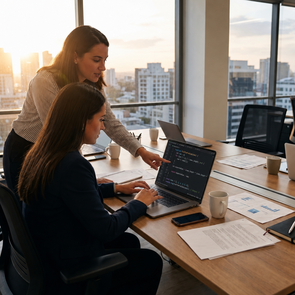 A business strategist standing and pointing at a colleague's laptop screen as the two review work together in a sunlit office.