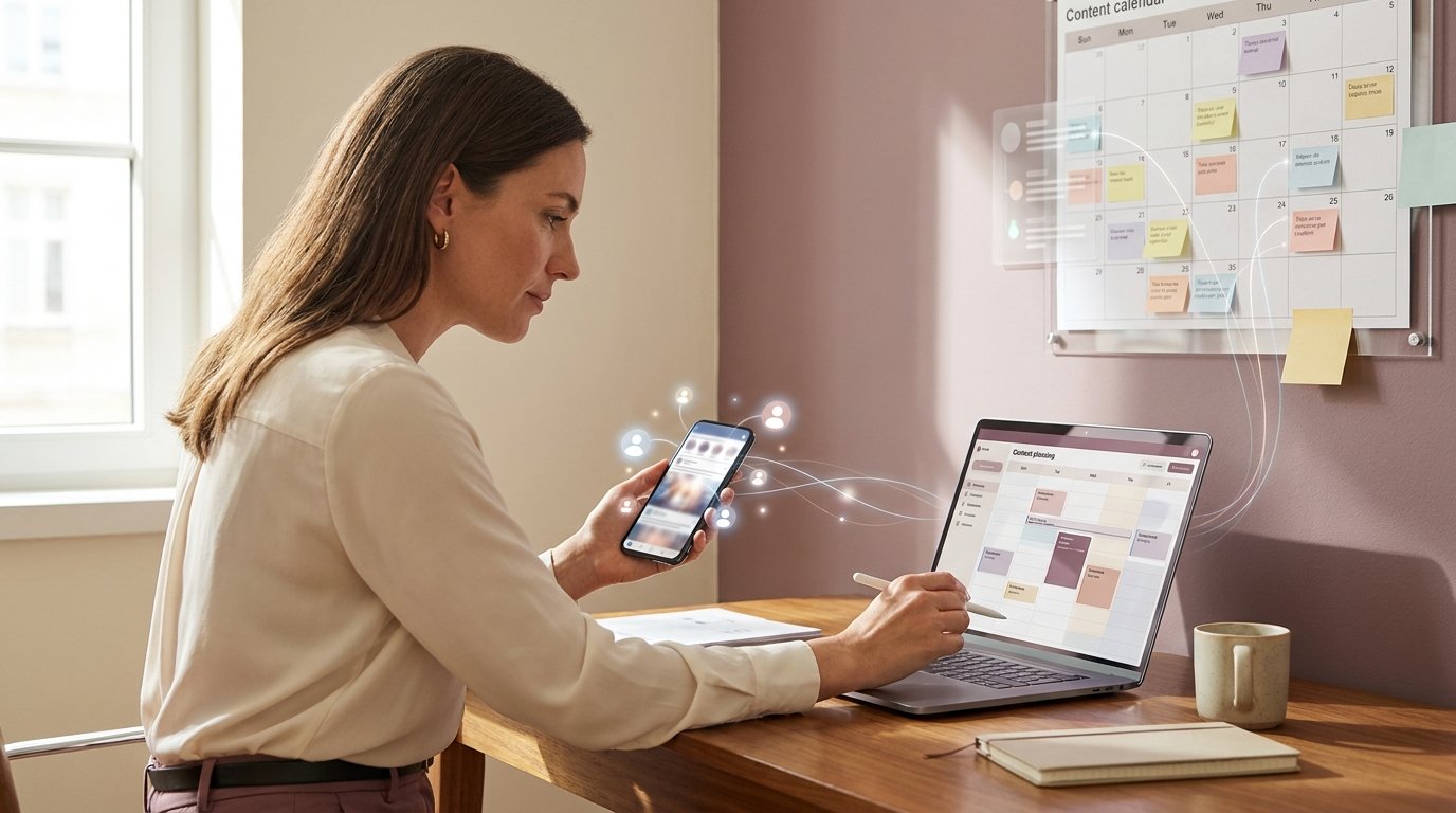 A content planner, branded workbook and checklist laid out on a desk beside a tablet displaying performance charts.