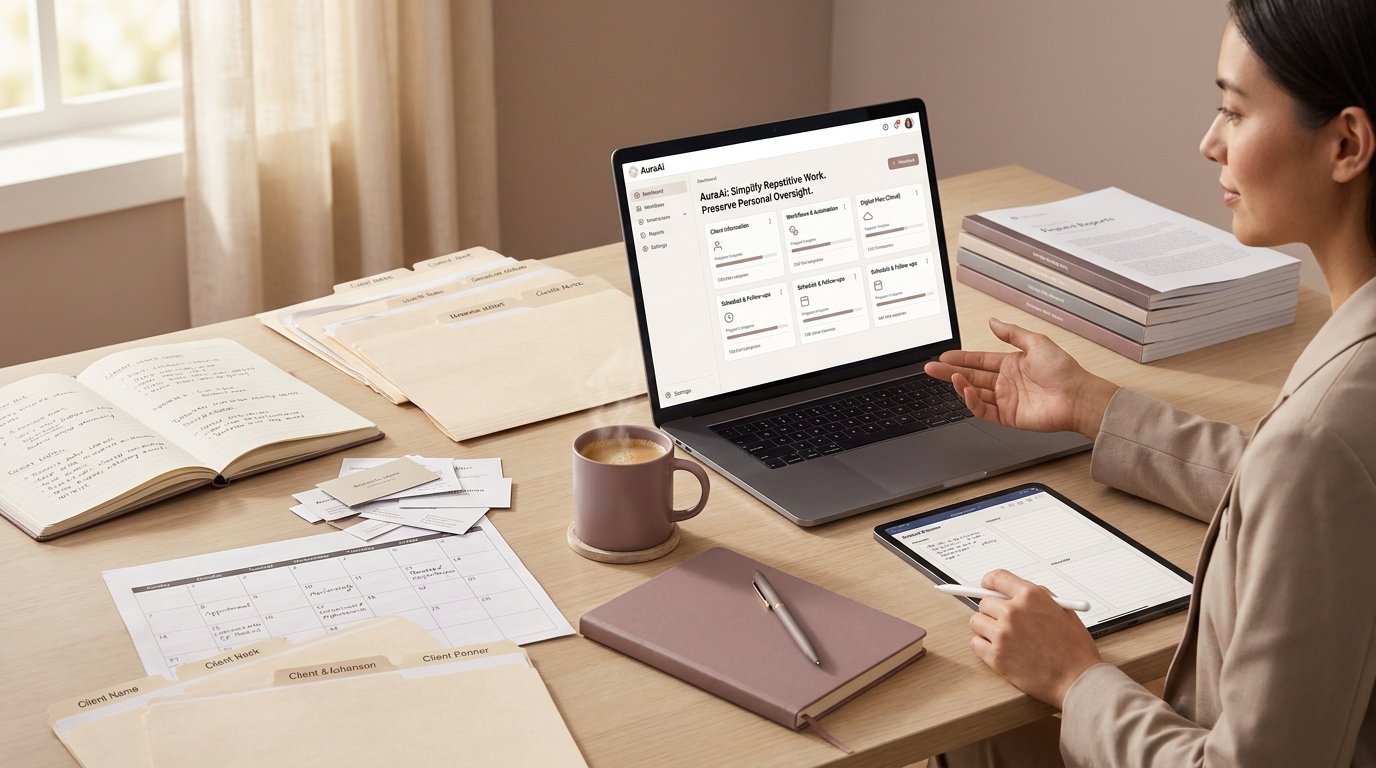 A consultant moving paper client files and index cards into an organized CRM dashboard on a laptop.