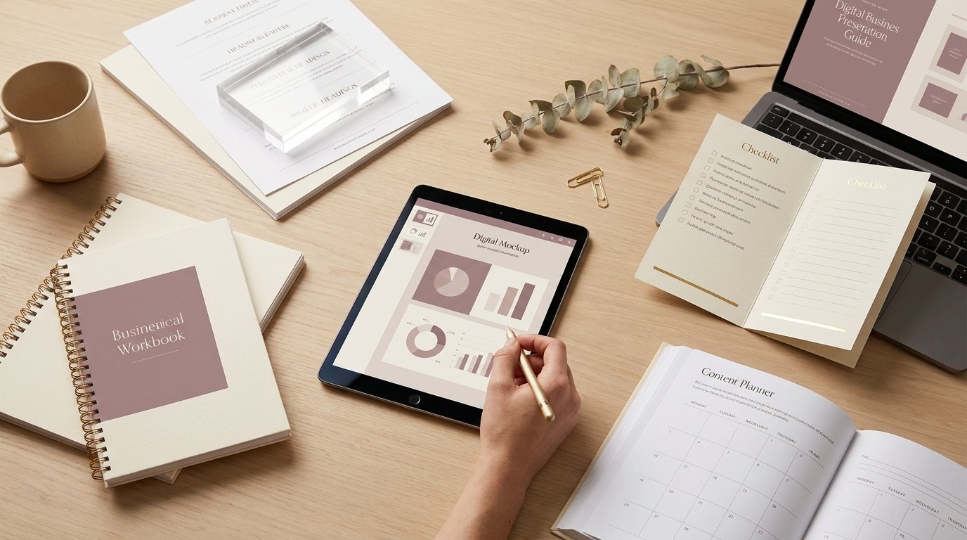 A printed checklist, branded workbook and content planner arranged beside a tablet showing a designed digital guide.