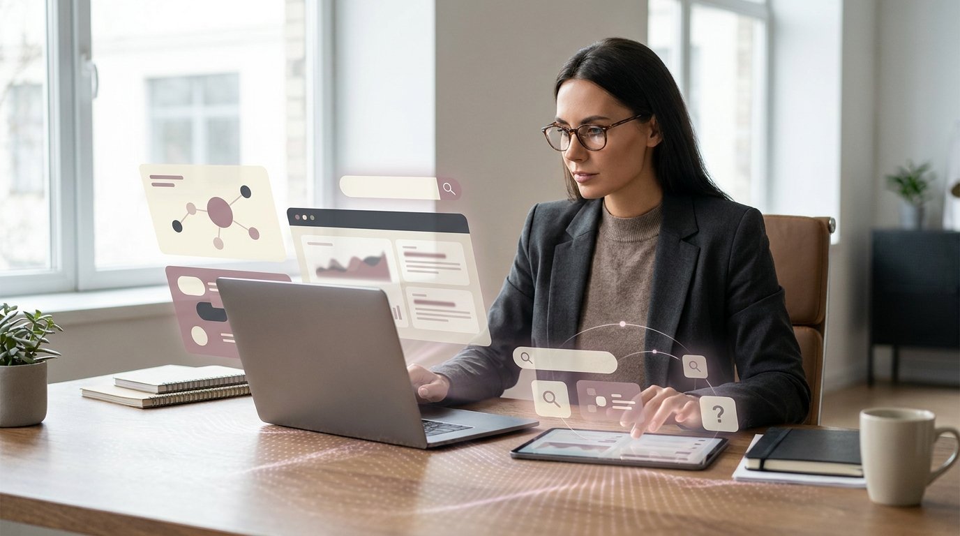 A strategist reviewing search performance and analytics data across a laptop and tablet.